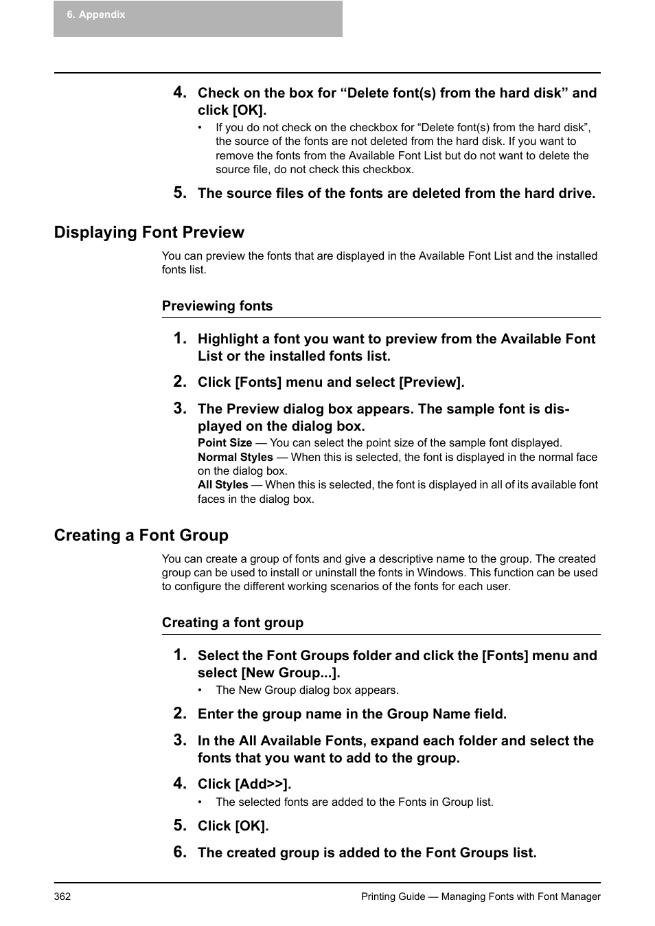 Displaying font preview, Creating a font group, Displaying font preview creating a font group | Toshiba E-STUDIO 351C User Manual | Page 362 / 372