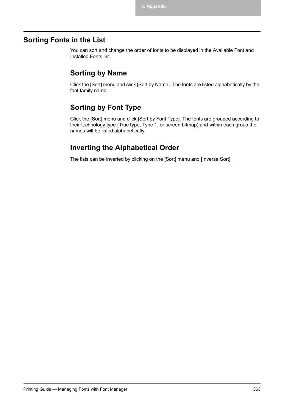 Sorting fonts in the list, Sorting by name, Sorting by font type | Inverting the alphabetical order | Toshiba E-STUDIO 351C User Manual | Page 363 / 372