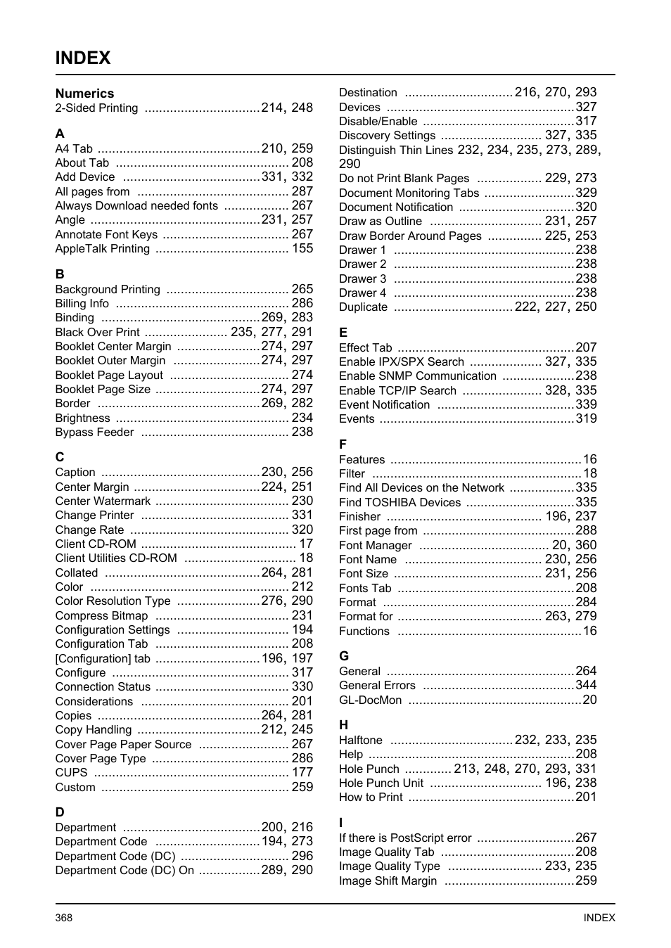 Index | Toshiba E-STUDIO 351C User Manual | Page 368 / 372