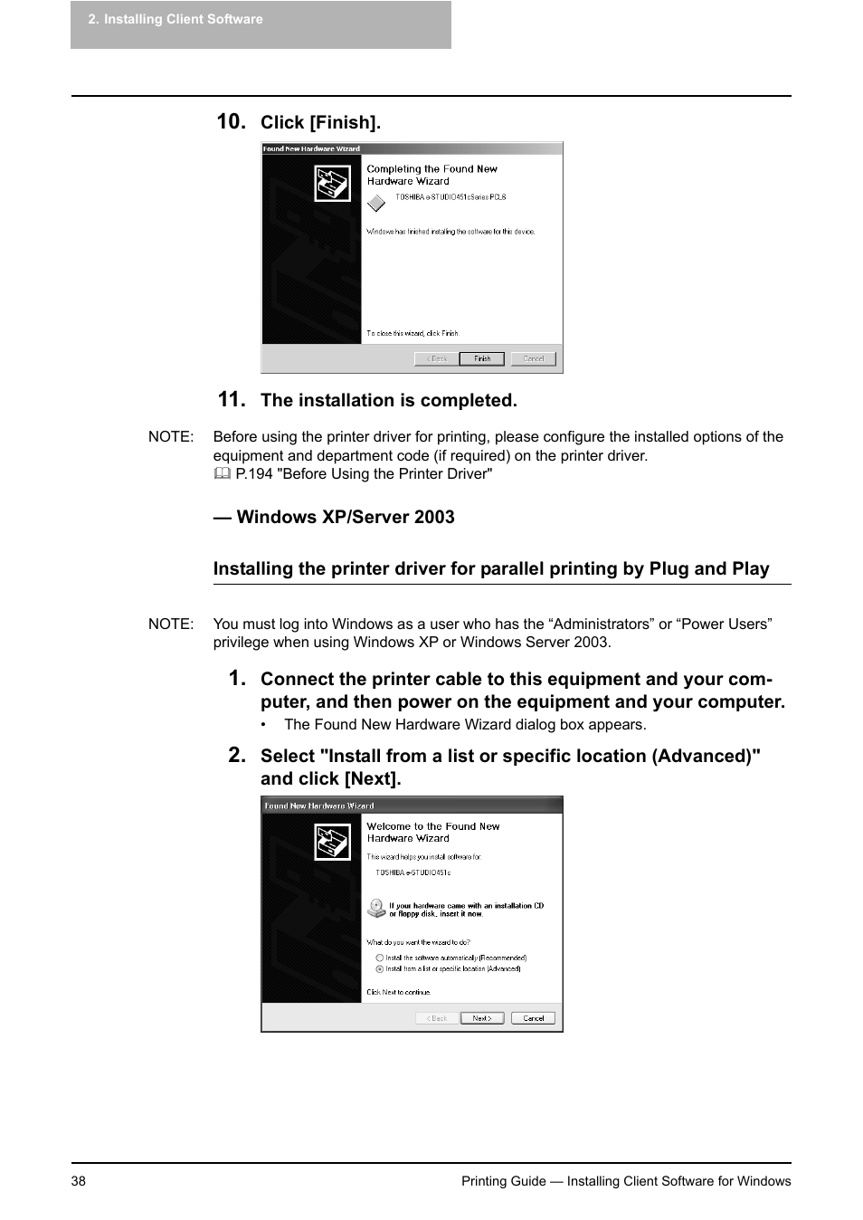 Windows xp/server 2003, P.38 "windows xp/server 2003 | Toshiba E-STUDIO 351C User Manual | Page 38 / 372