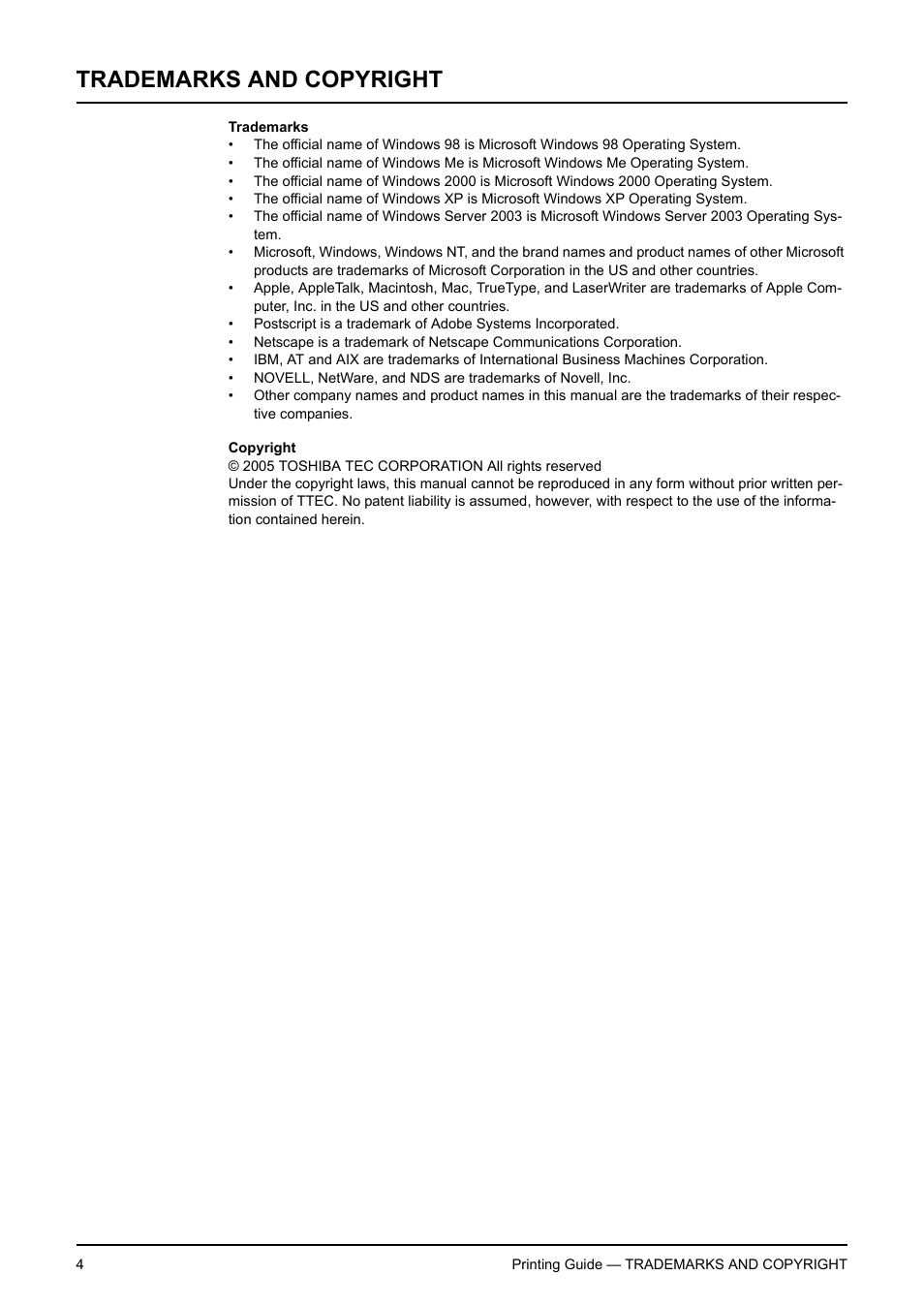 Trademarks and copyright | Toshiba E-STUDIO 351C User Manual | Page 4 / 372