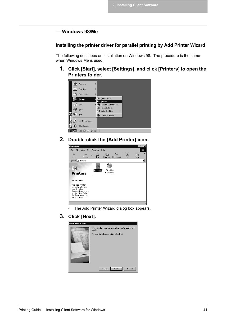 Windows 98/me, P.41 "windows 98/me | Toshiba E-STUDIO 351C User Manual | Page 41 / 372