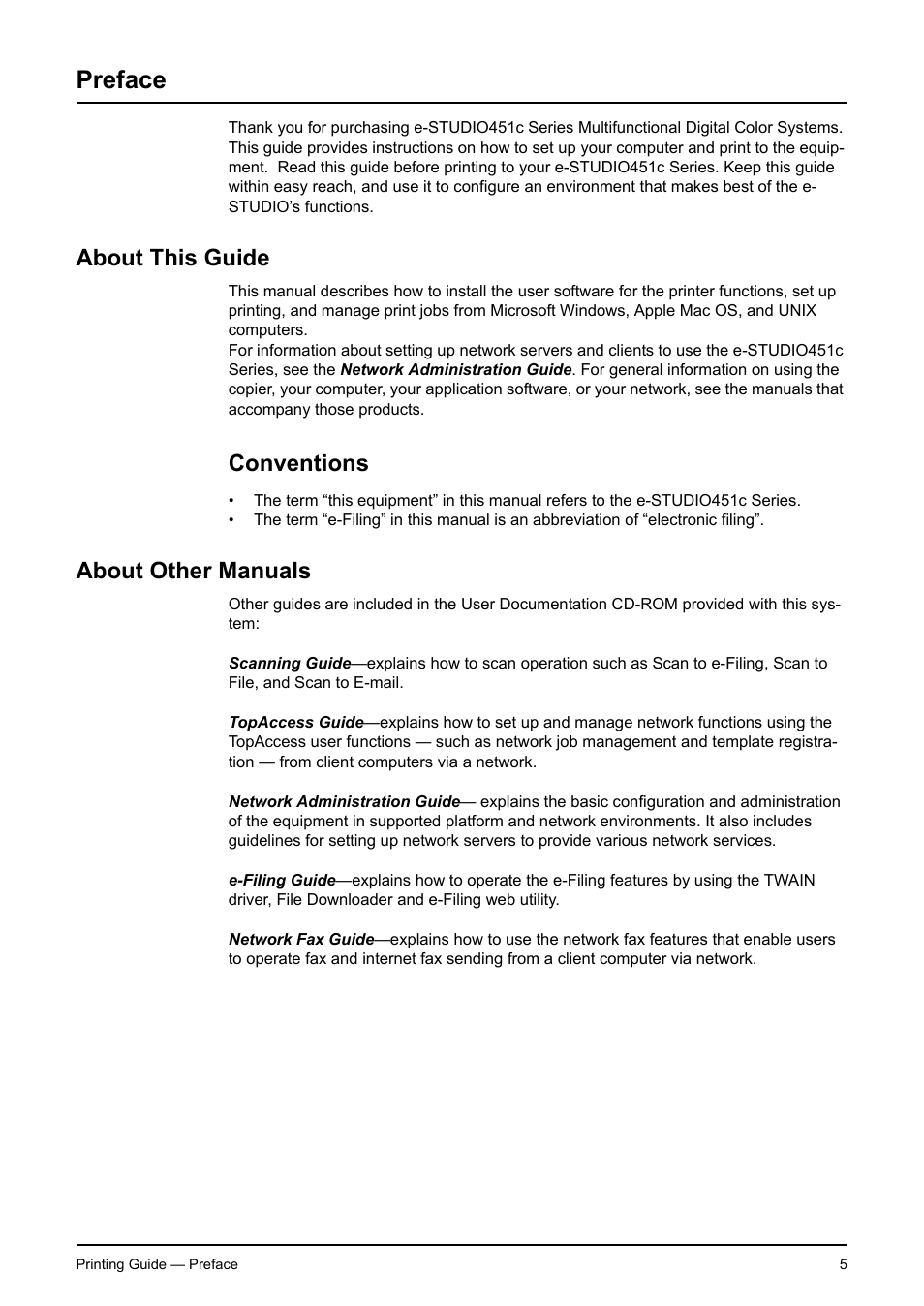 Preface, About this guide, Conventions | About other manuals | Toshiba E-STUDIO 351C User Manual | Page 5 / 372