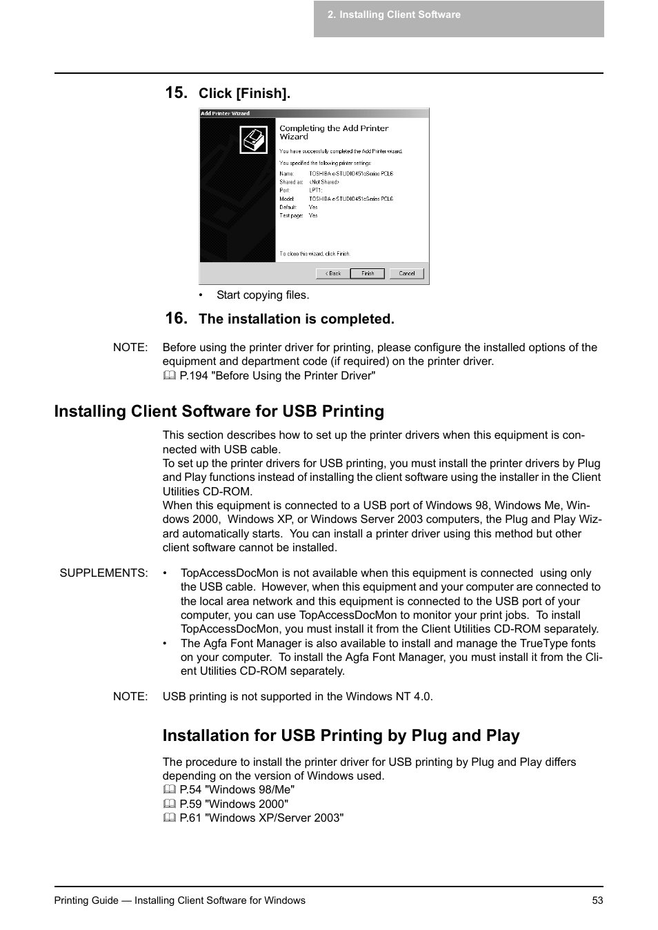 Installing client software for usb printing, Installation for usb printing by plug and play, P.53 "installing client software for usb printing | Toshiba E-STUDIO 351C User Manual | Page 53 / 372