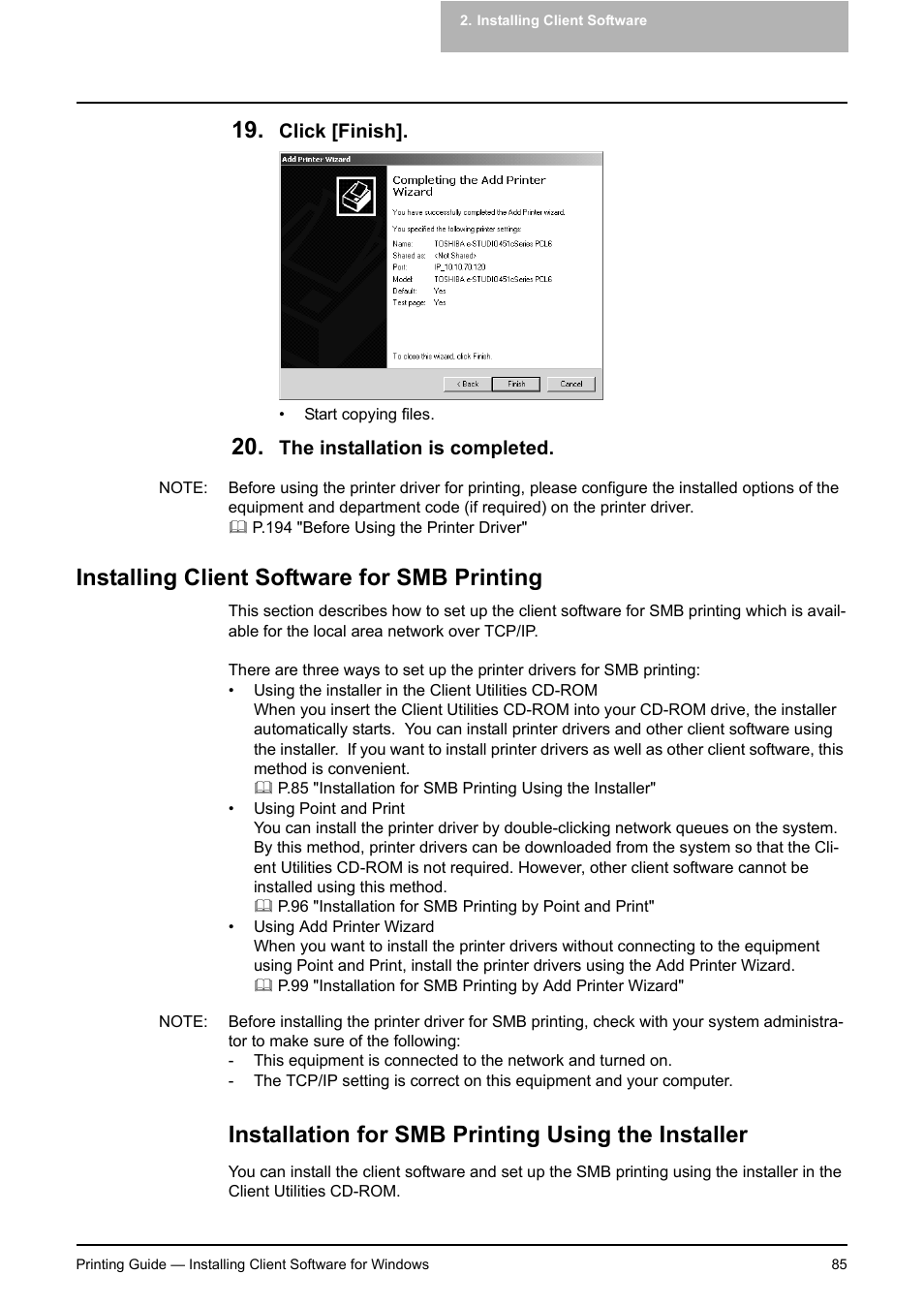 Installing client software for smb printing, Installation for smb printing using the installer, P.85 "installing client software for smb printing | Toshiba E-STUDIO 351C User Manual | Page 85 / 372