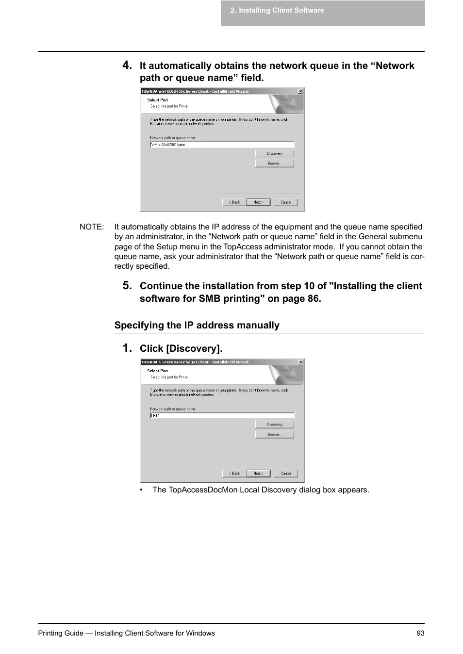 P.93 "specifying the ip address manually | Toshiba E-STUDIO 351C User Manual | Page 93 / 372