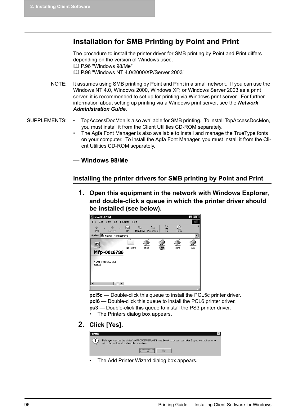 Installation for smb printing by point and print, Windows 98/me | Toshiba E-STUDIO 351C User Manual | Page 96 / 372