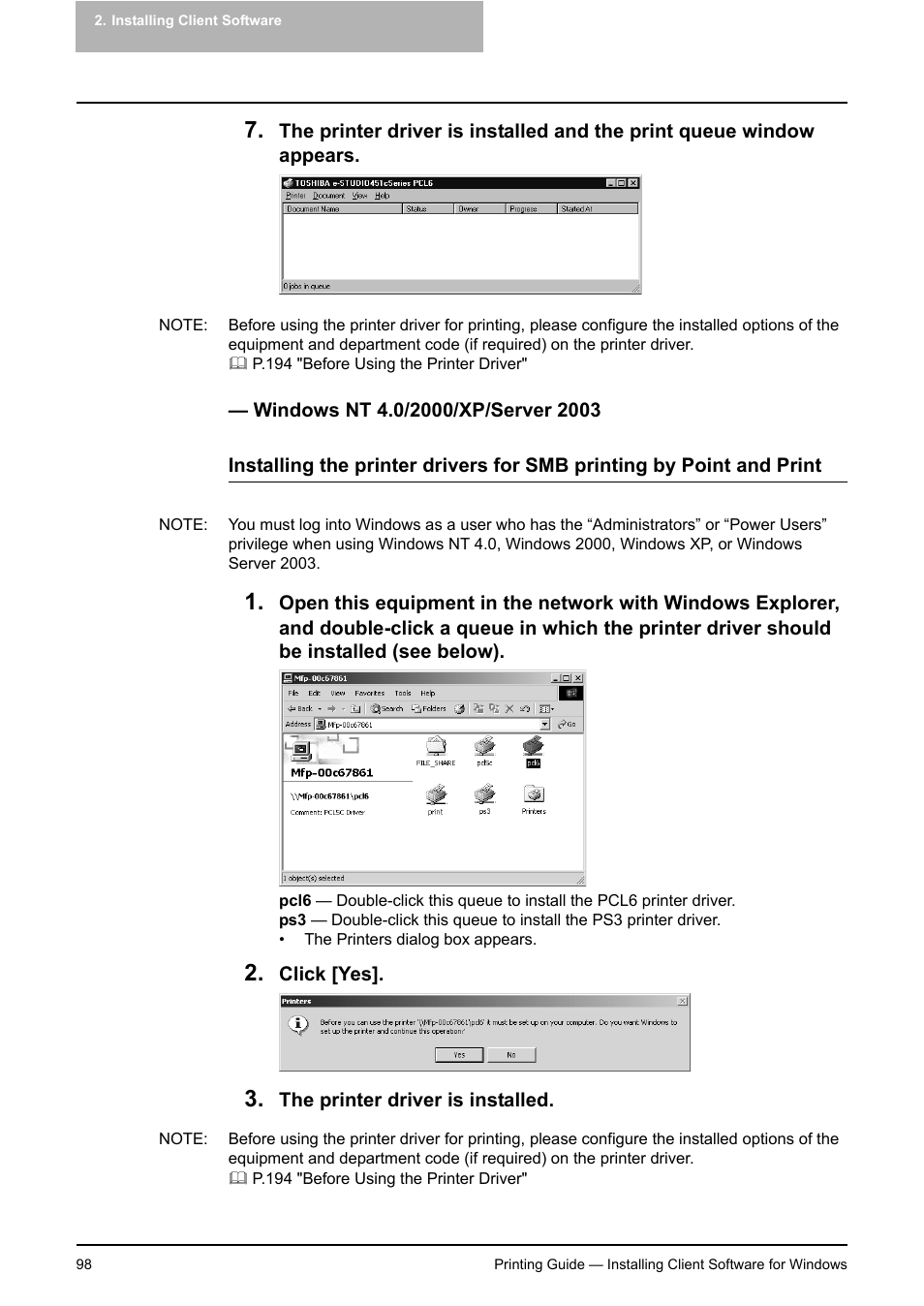 Windows nt 4.0/2000/xp/server 2003, P.98 "windows nt 4.0/2000/xp/server 2003 | Toshiba E-STUDIO 351C User Manual | Page 98 / 372