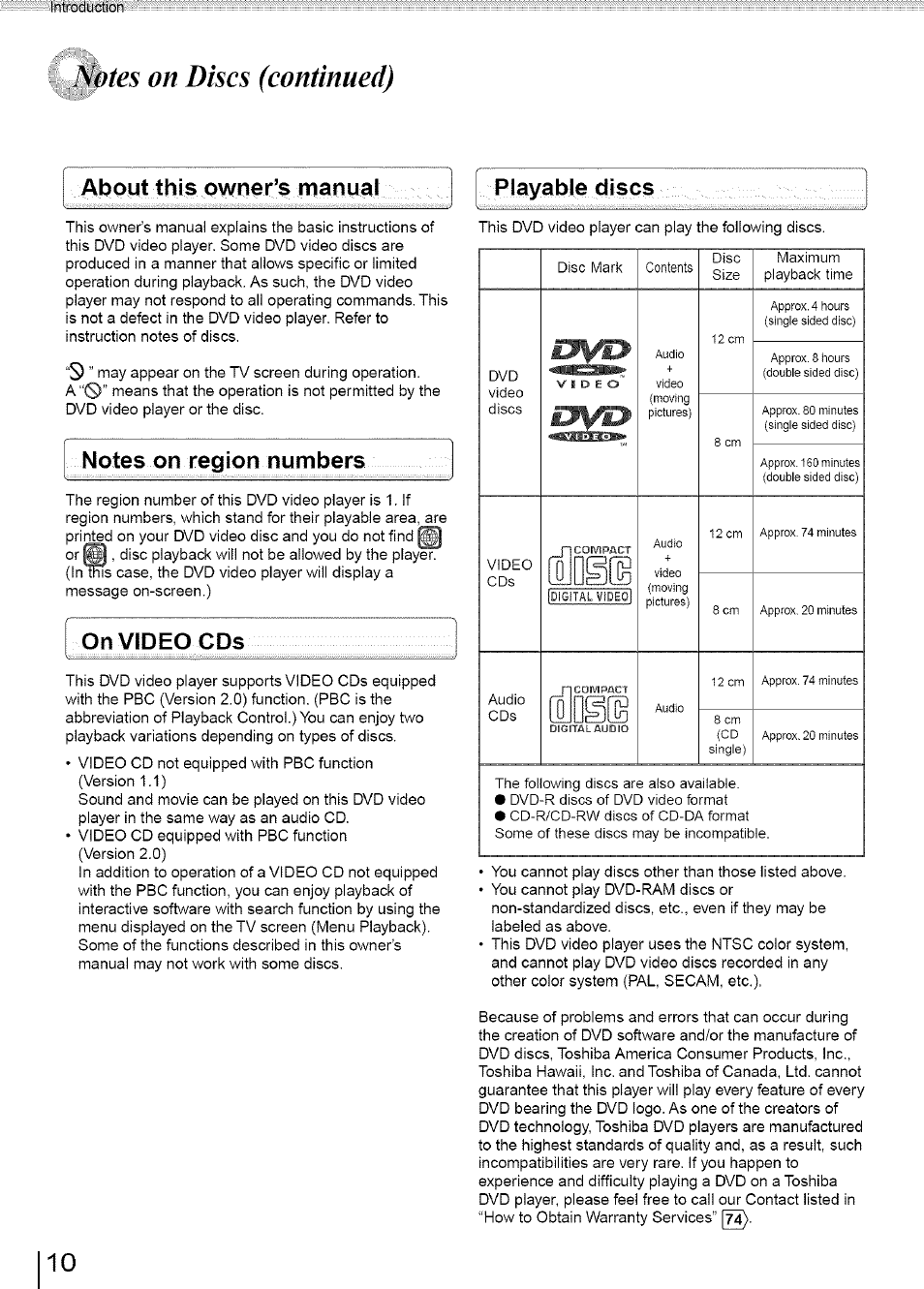 Yíotes on discs (continued), About this owner’s manual, Playable discs | Notes on region numbers, On video cds, About this owner’s manual playable discs | Toshiba SD-3960SU User Manual | Page 10 / 73