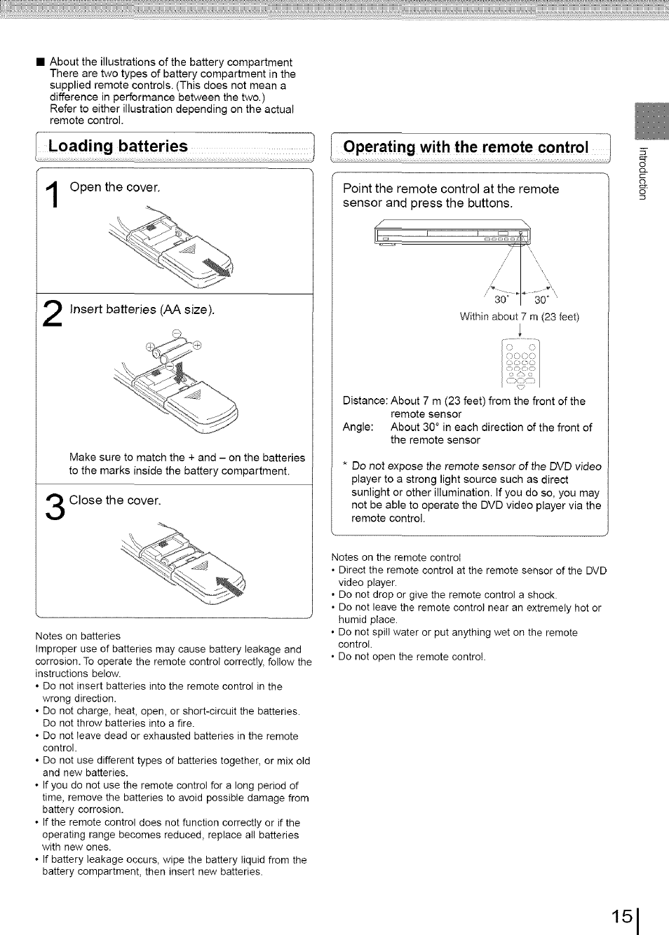 Loading batteries, Operating with the remote control | Toshiba SD-3960SU User Manual | Page 15 / 73