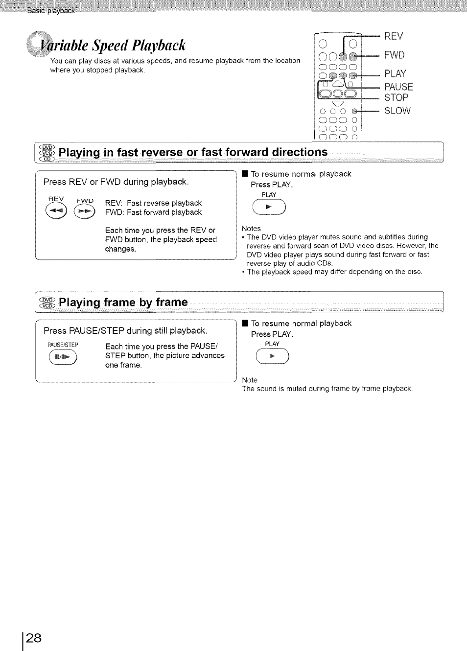 Variable speed playback, Playing in fast reverse or fast forward directions, Playing frame by frame | Toshiba SD-3960SU User Manual | Page 26 / 73