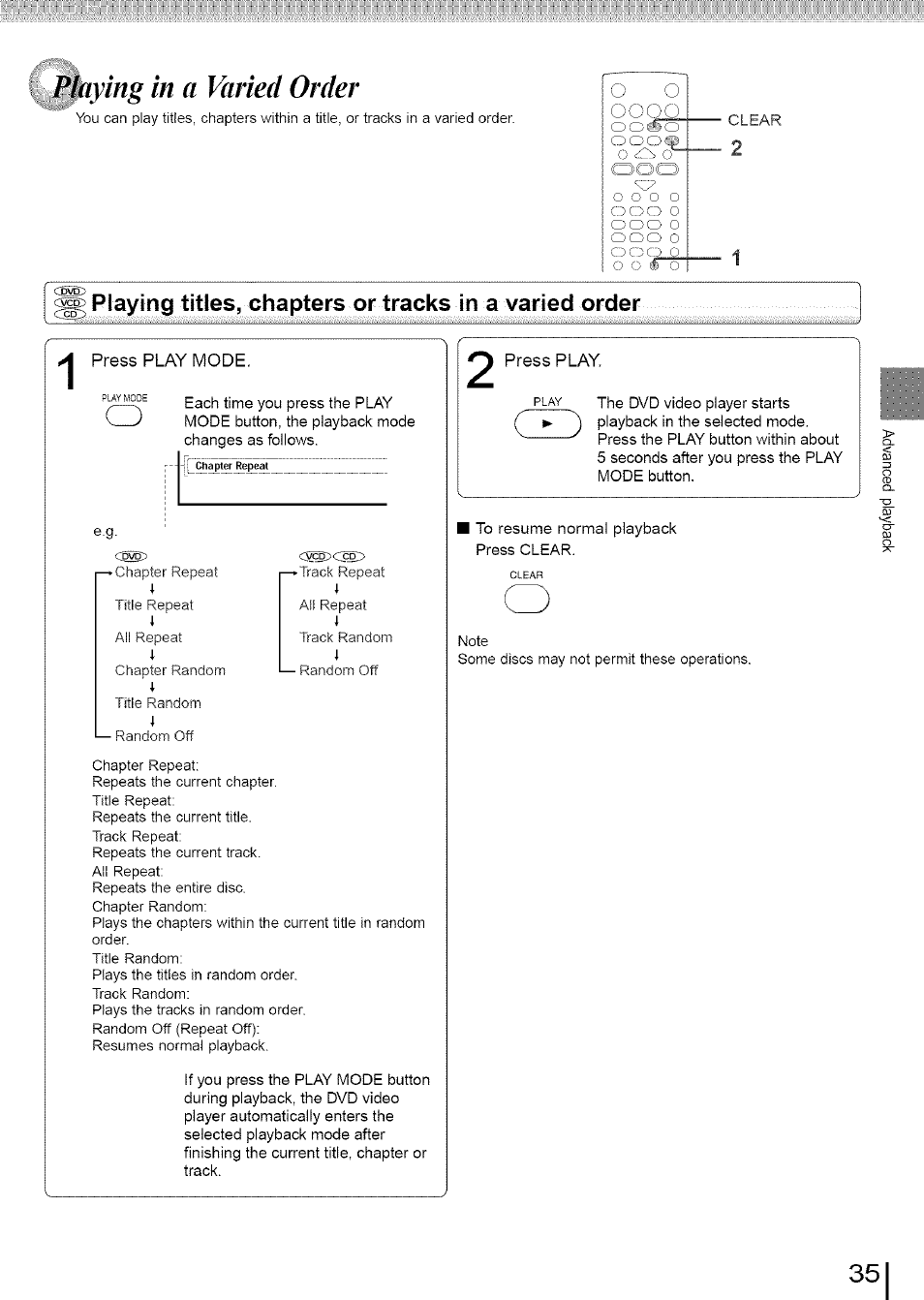 Playing in a varied order, Playing titles, chapters or tracks in a varied, Order | Toshiba SD-3960SU User Manual | Page 32 / 73