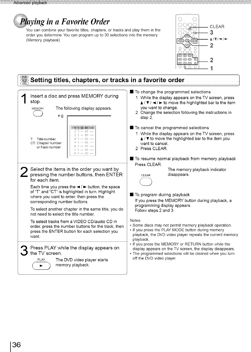 Playing in a favorite order, Setting titles, chapters, or tracks in a favorite, Order | Toshiba SD-3960SU User Manual | Page 33 / 73