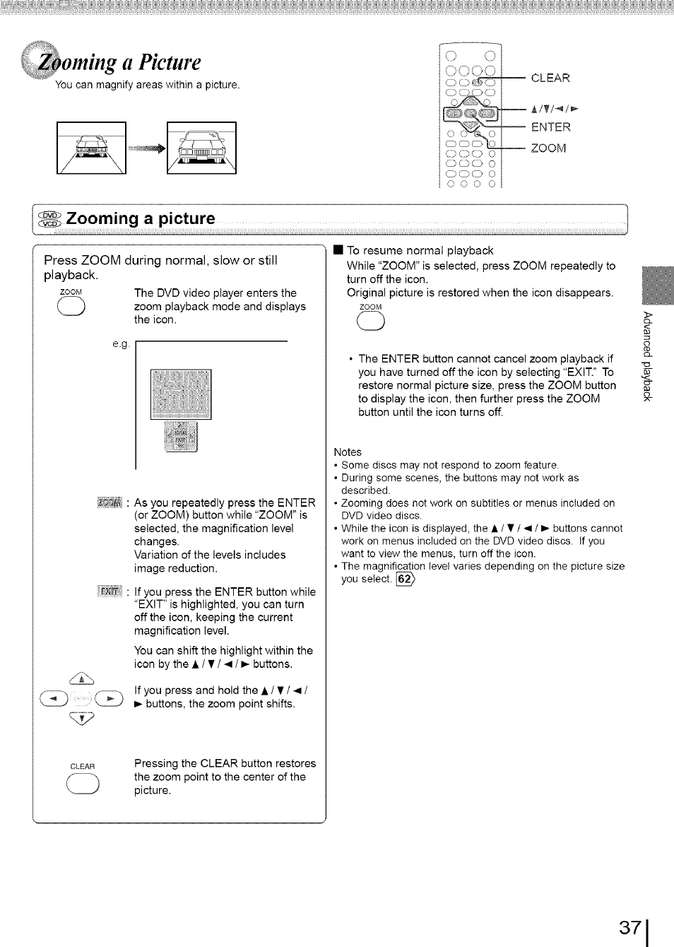 A picture, Zooming a picture | Toshiba SD-3960SU User Manual | Page 34 / 73