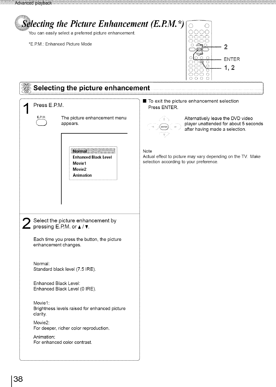 Selecting the picture enhancement (e.rm. *), Selecting the picture enhancement, Selecting the sound enhancement | Toshiba SD-3960SU User Manual | Page 35 / 73