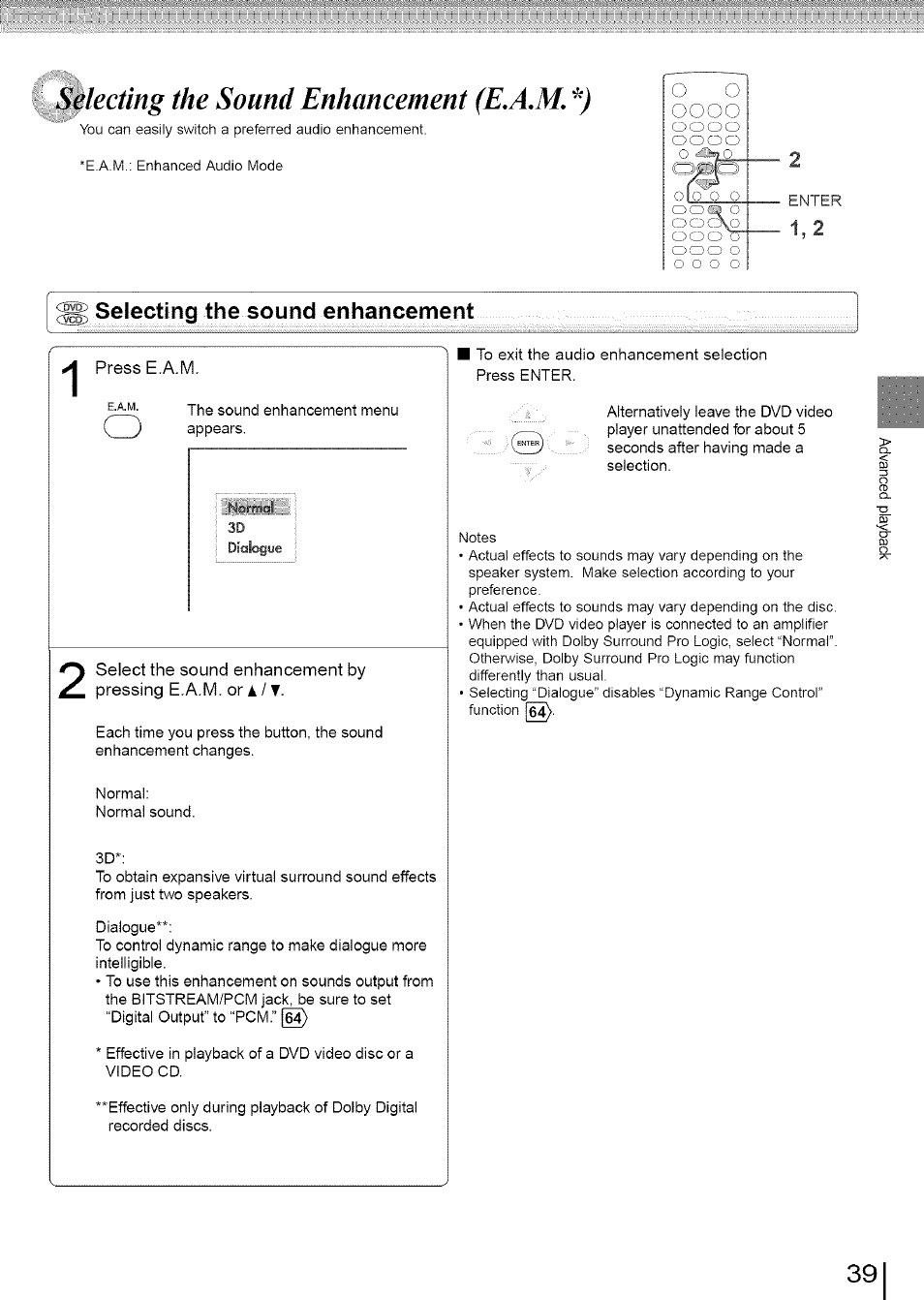 Selecting the sound enhancement (e.a,m. *), Selecting the sound enhancement | Toshiba SD-3960SU User Manual | Page 36 / 73
