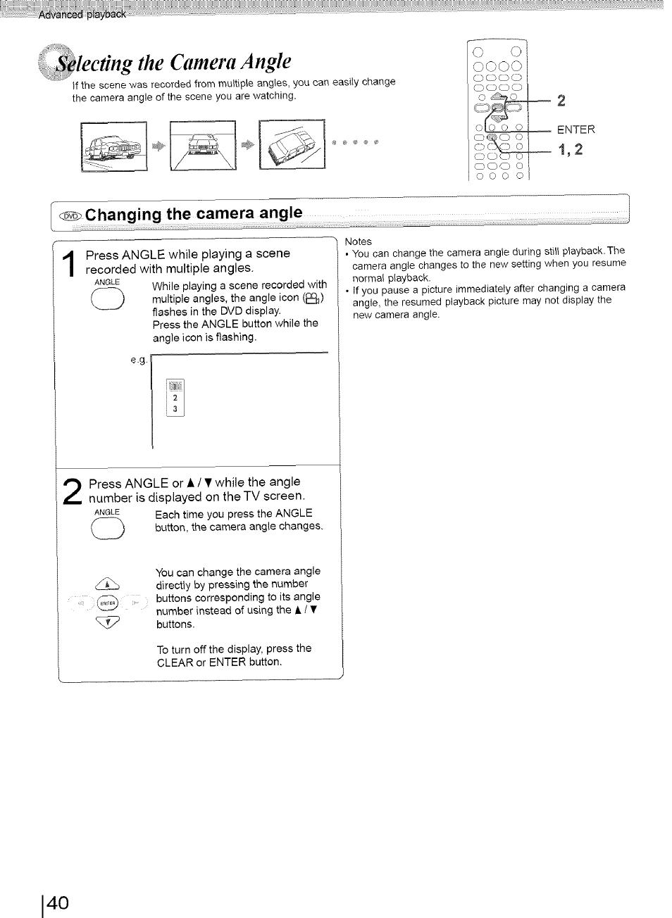 Selecting the camera angle, Tm changing the camera angle, Changing the camera angle | R') o .. pwtfr l 1,2 | Toshiba SD-3960SU User Manual | Page 37 / 73