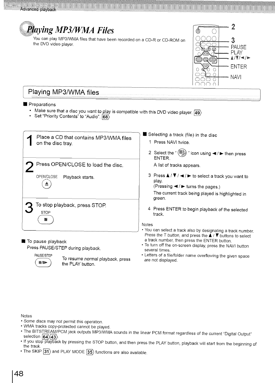 Playing mp3/wma files, Pause | Toshiba SD-3960SU User Manual | Page 45 / 73