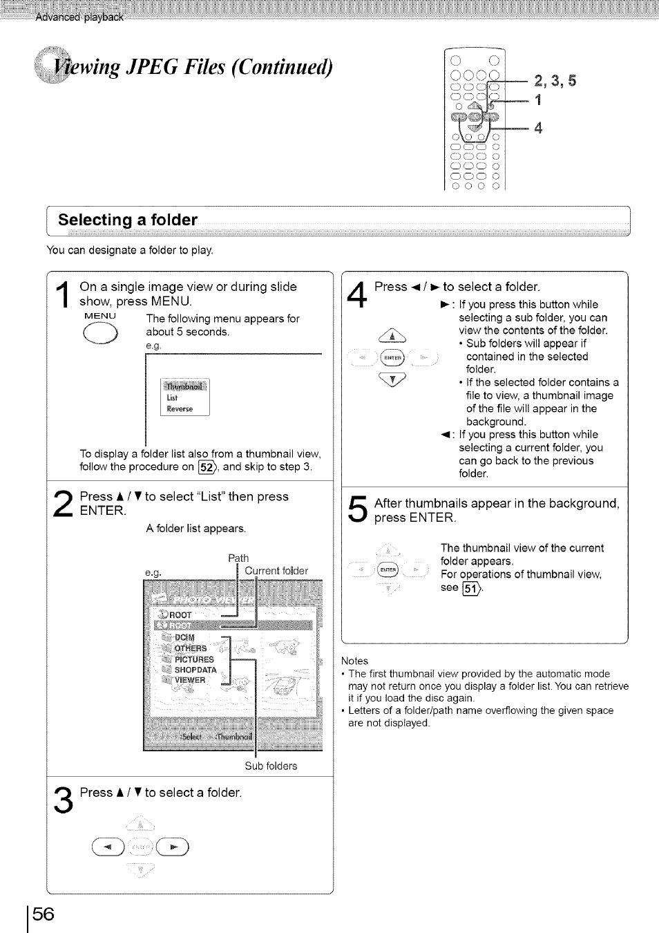 Viewing jpeg files (continued), Selecting a folder, 3 , 5 1 selecting a folder | Toshiba SD-3960SU User Manual | Page 53 / 73