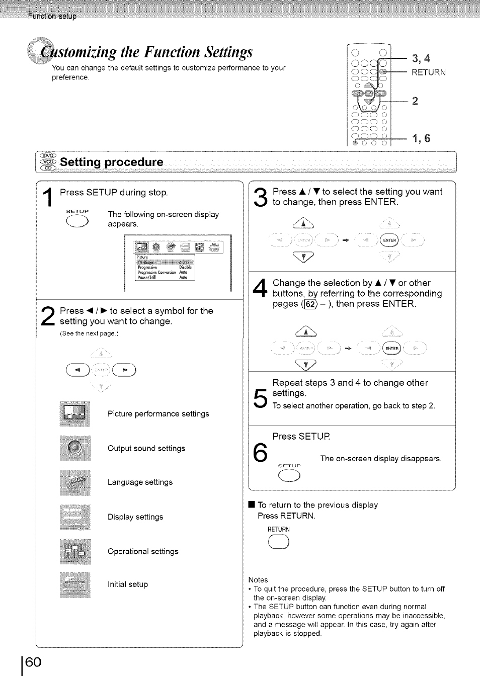 Setting procedure, Customizing the function settings | Toshiba SD-3960SU User Manual | Page 57 / 73