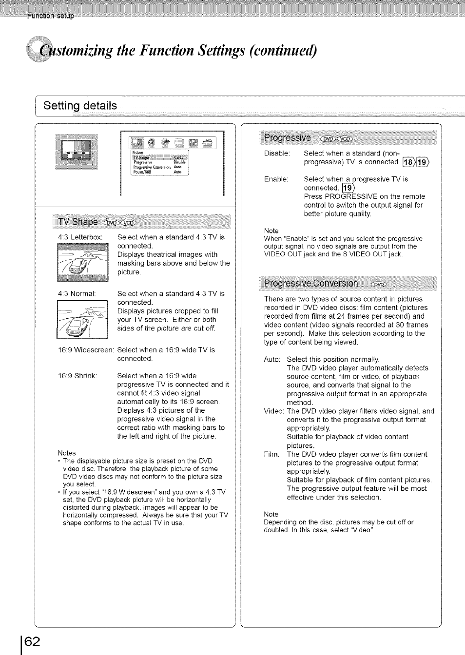 Customizing the function settings (continued), Setting details, Vcgf933ive | Rcgre3sive oorver3icr | Toshiba SD-3960SU User Manual | Page 59 / 73