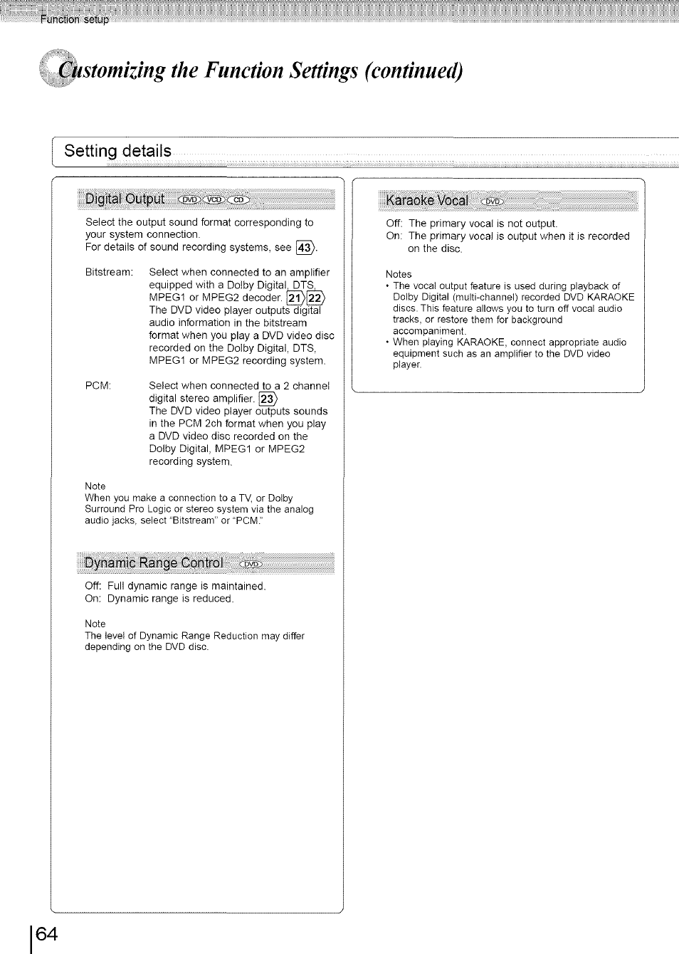 Customizing the function settings (continued), Setting details | Toshiba SD-3960SU User Manual | Page 61 / 73