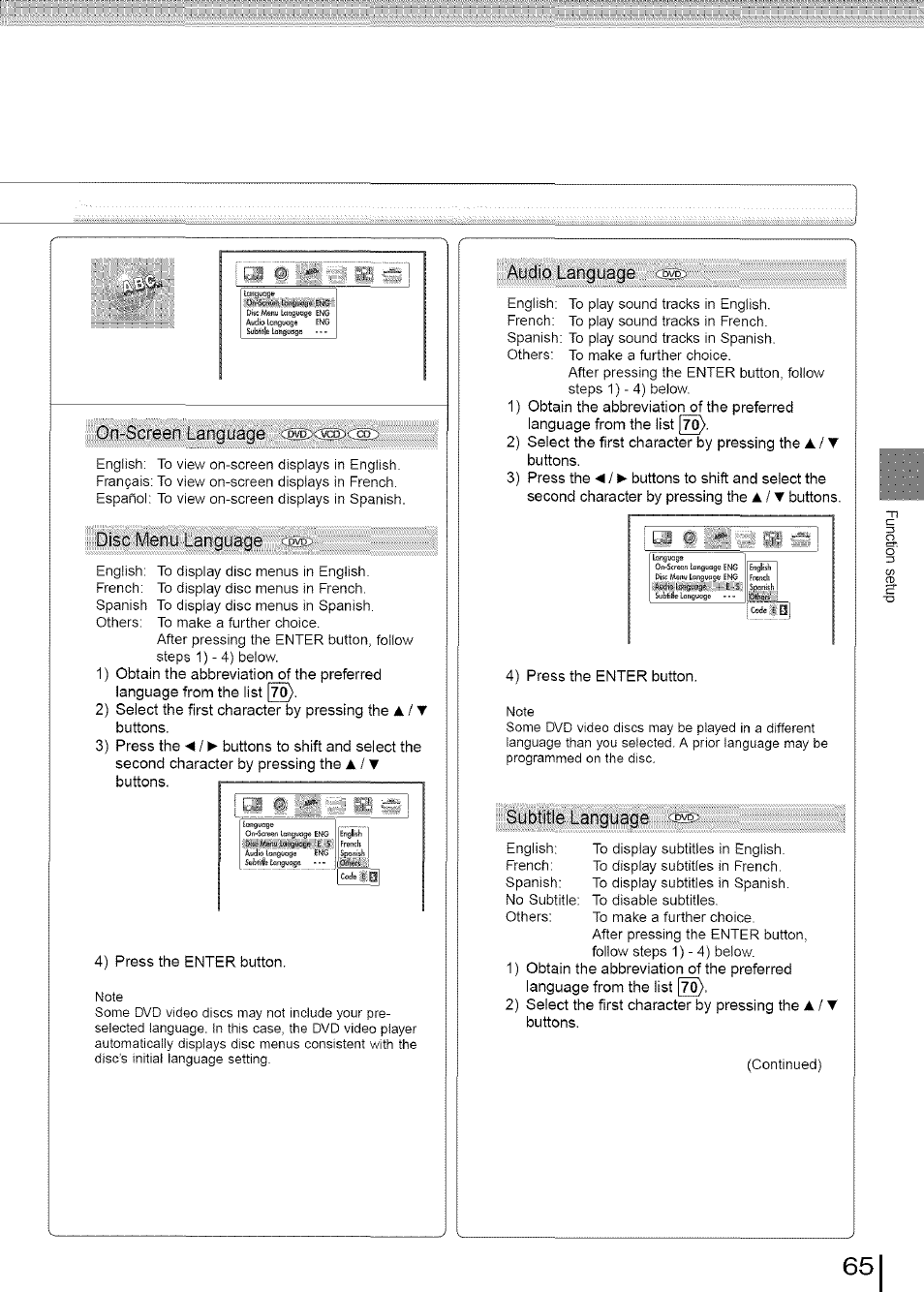Oi’-soreen .angusce, Disc; menú ta.ng:uag.e, Aüdíq langu.age | Subtitle larguage | Toshiba SD-3960SU User Manual | Page 62 / 73