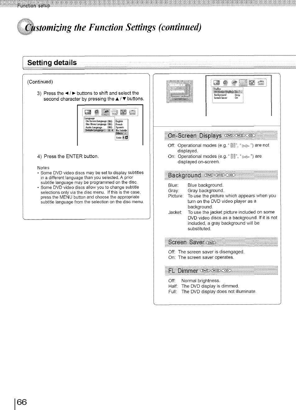 Customizing the function settings (continued), Setting details, Fccreer baver | Drt'sgreen- :displays, Sackgrol-rc | Toshiba SD-3960SU User Manual | Page 63 / 73