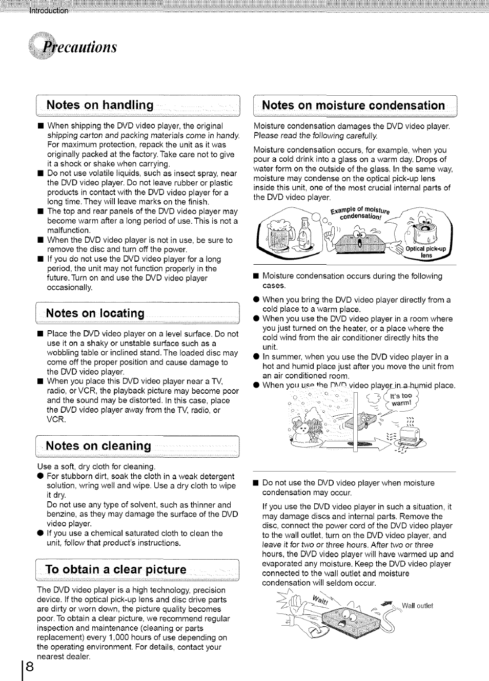 Precautions, Notes on locating, Notes on cleaning | To obtain a clear picture, Notes on moisture condensation | Toshiba SD-3960SU User Manual | Page 8 / 73