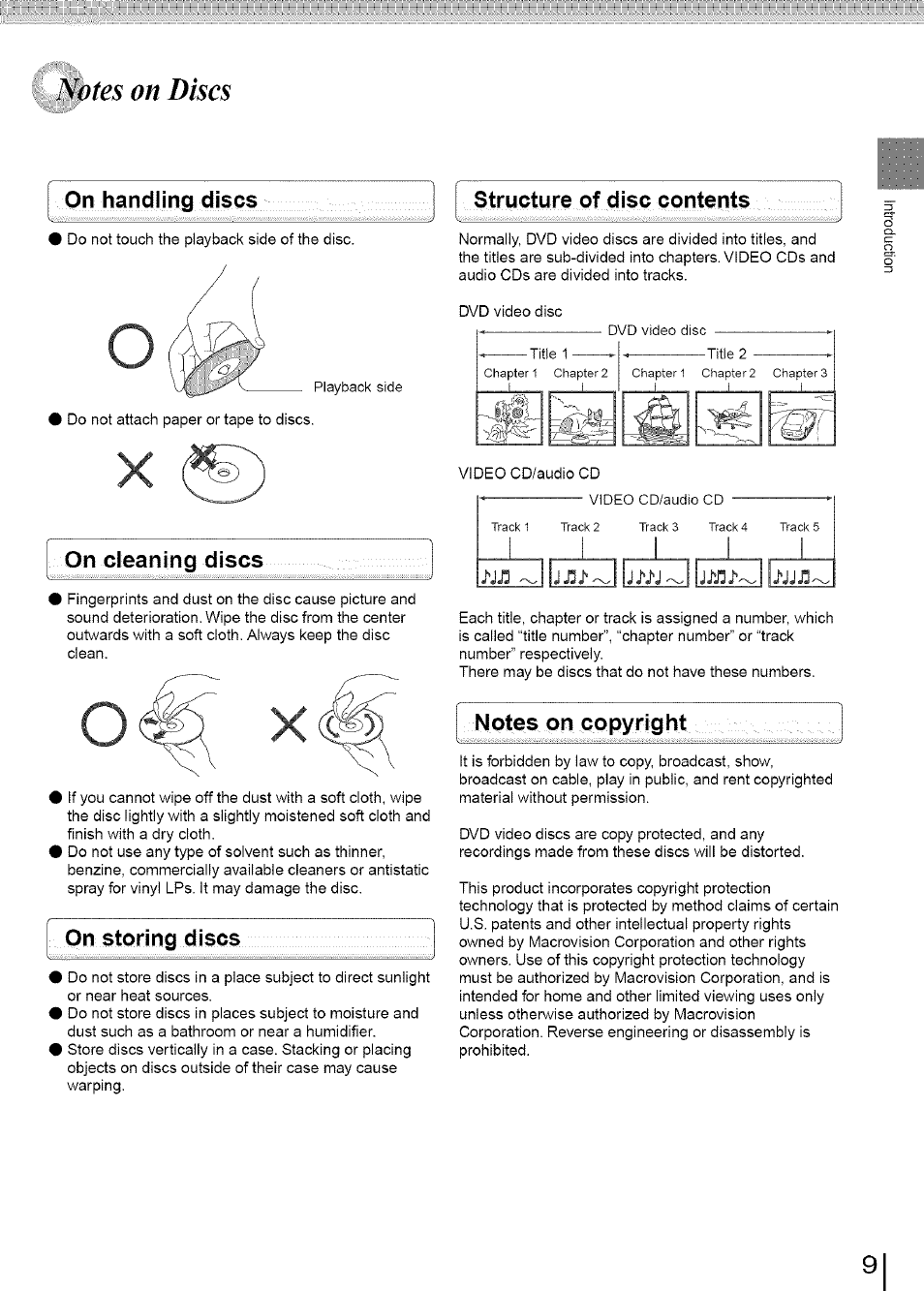 Izotes on discs, On handling discs, On cleaning discs | On storing discs, Structure of disc contents, Notes on copyright | Toshiba SD-3960SU User Manual | Page 9 / 73