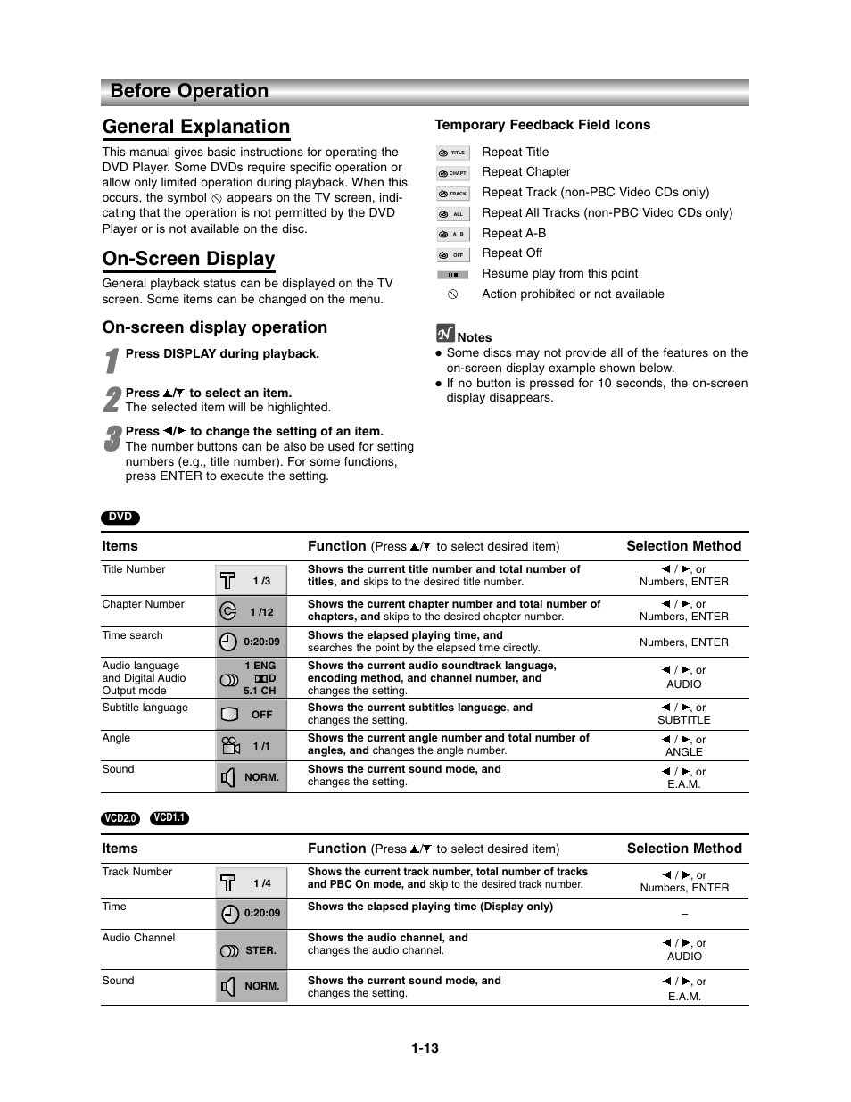 Before operation, General explanation / on-screen display, Before operation general explanation | On-screen display, On-screen display operation | Toshiba SD-3900 User Manual | Page 12 / 32