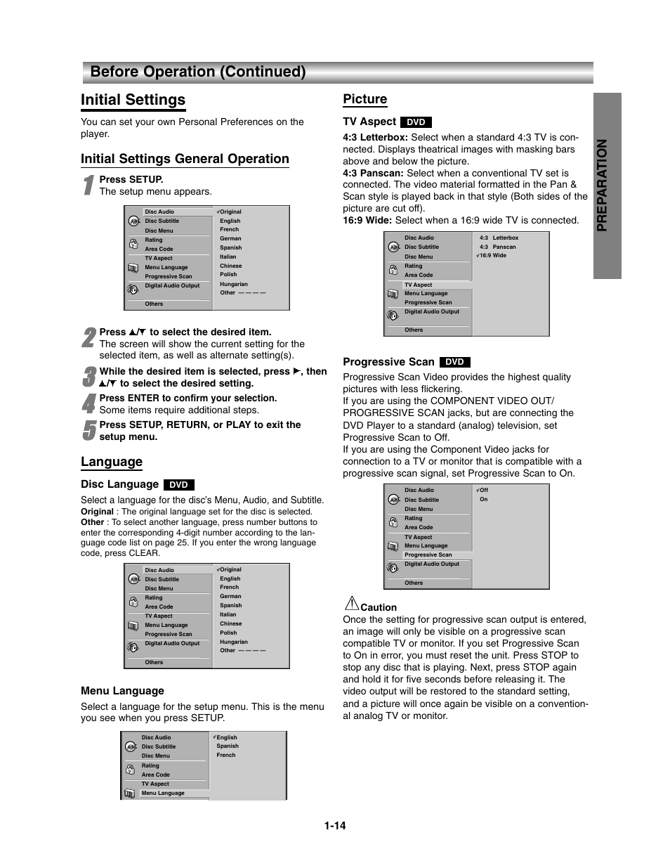 Initial settings, Before operation (continued) initial settings, Prep ara tion | Initial settings general operation, Language, Picture, Disc language, Menu language, Tv aspect, Progressive scan | Toshiba SD-3900 User Manual | Page 13 / 32