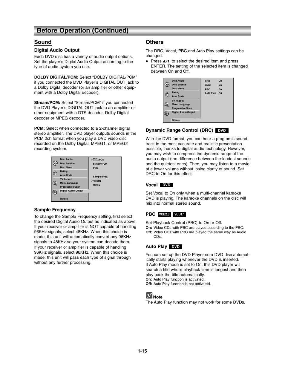 Before operation (continued), Sound, Others | Digital audio output, Sample frequency, Dynamic range control (drc), Vocal, Auto play | Toshiba SD-3900 User Manual | Page 14 / 32