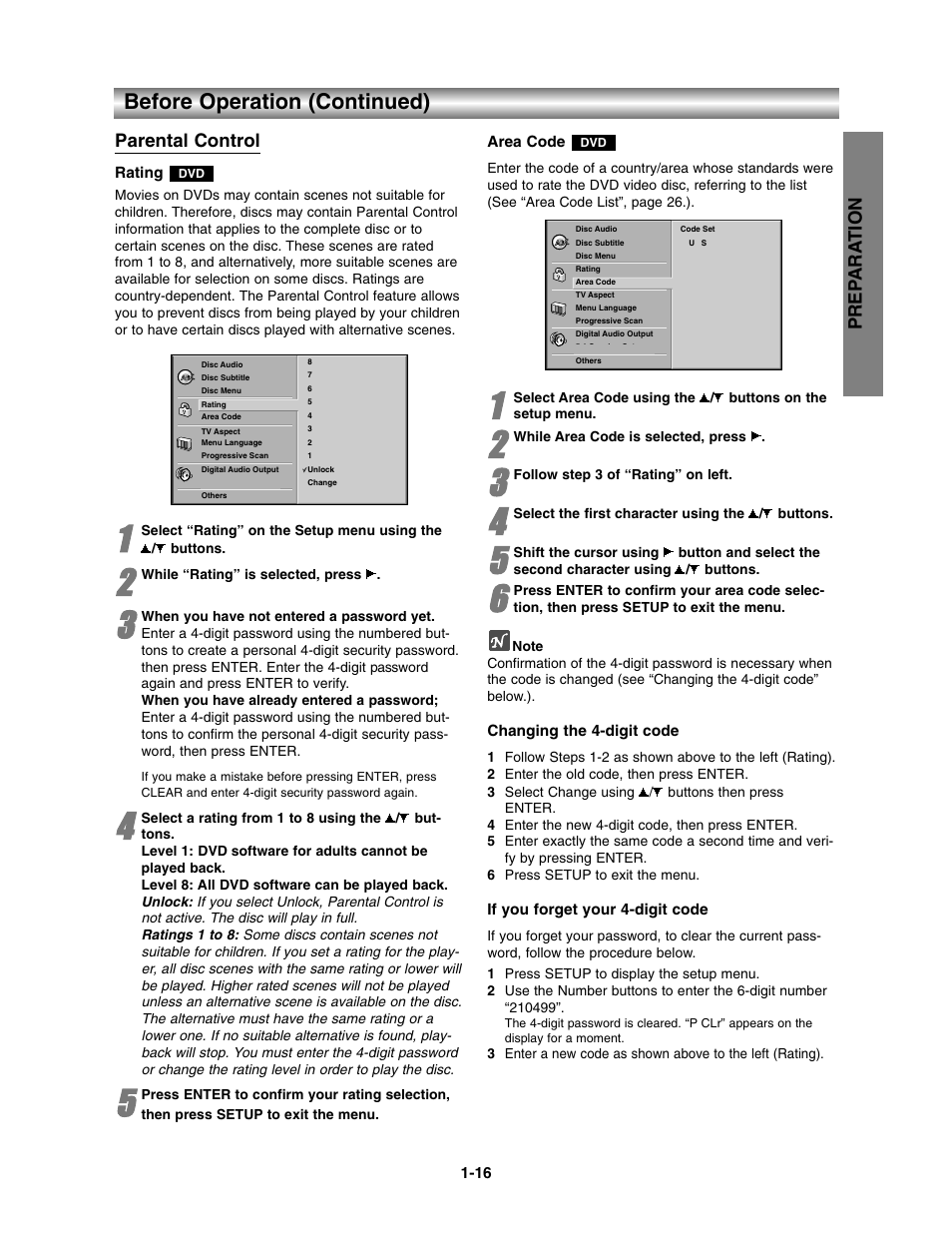 Parental control, Before operation (continued), Prep ara tion | Toshiba SD-3900 User Manual | Page 15 / 32