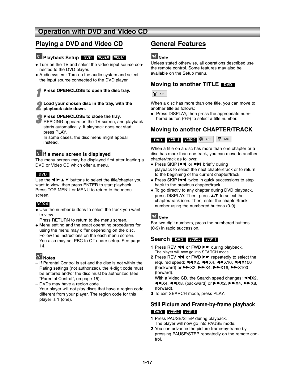 Operation, Operation with dvd and video cd, General features | Toshiba SD-3900 User Manual | Page 16 / 32