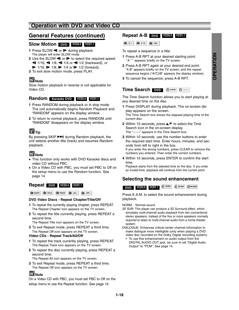 Opera tion, Slow motion, Random | Repeat, Repeat a-b, Time search, Selecting the sound enhancement | Toshiba SD-3900 User Manual | Page 17 / 32