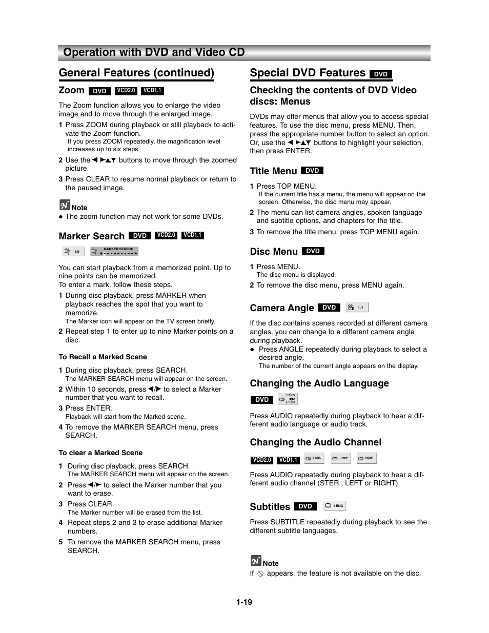 Special dvd features, Zoom, Marker search | Checking the contents of dvd video discs: menus, Title menu, Disc menu, Camera angle, Changing the audio language, Changing the audio channel, Subtitles | Toshiba SD-3900 User Manual | Page 18 / 32