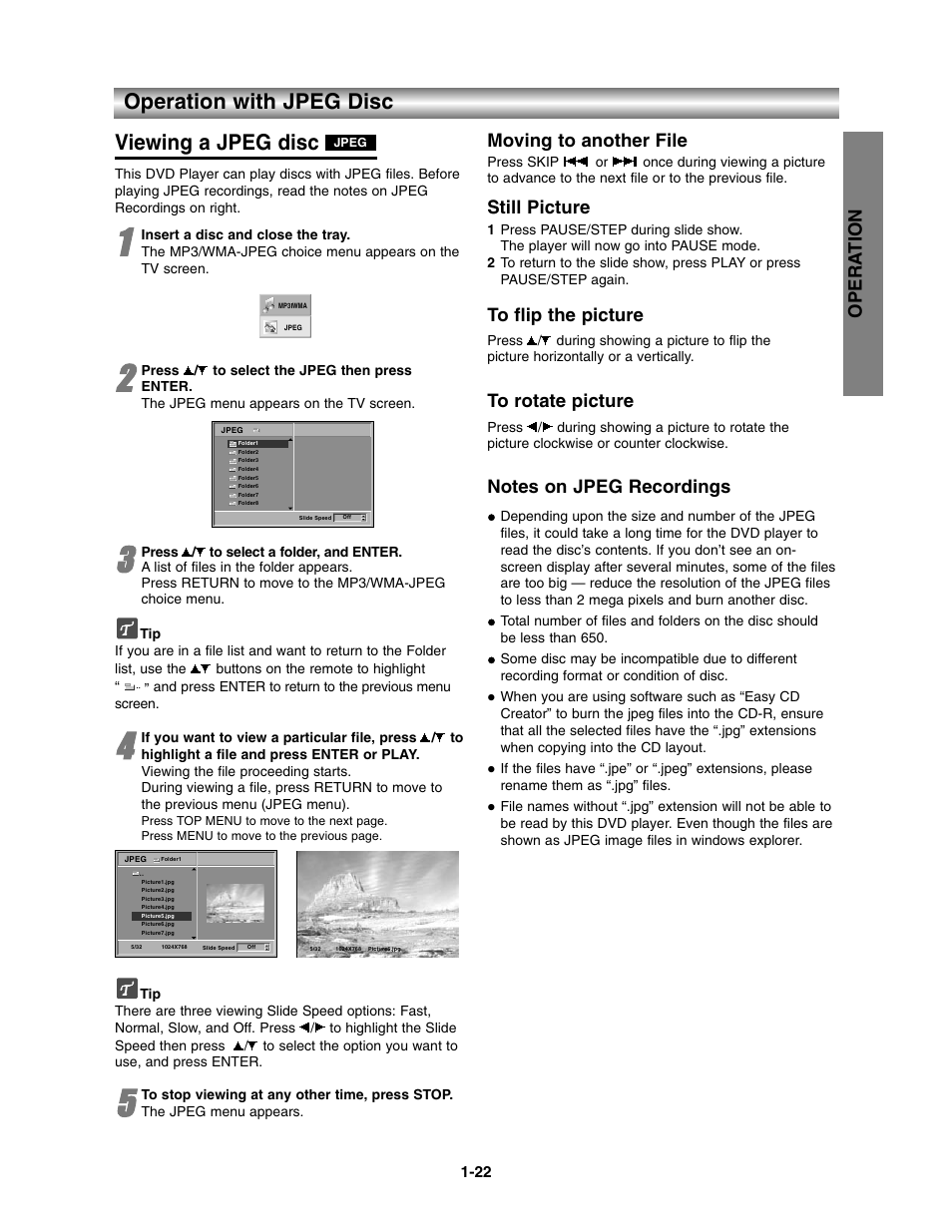 With jpeg disc, Viewing a jpeg disc, Operation with jpeg disc | Opera tion, Moving to another file, Still picture | Toshiba SD-3900 User Manual | Page 21 / 32