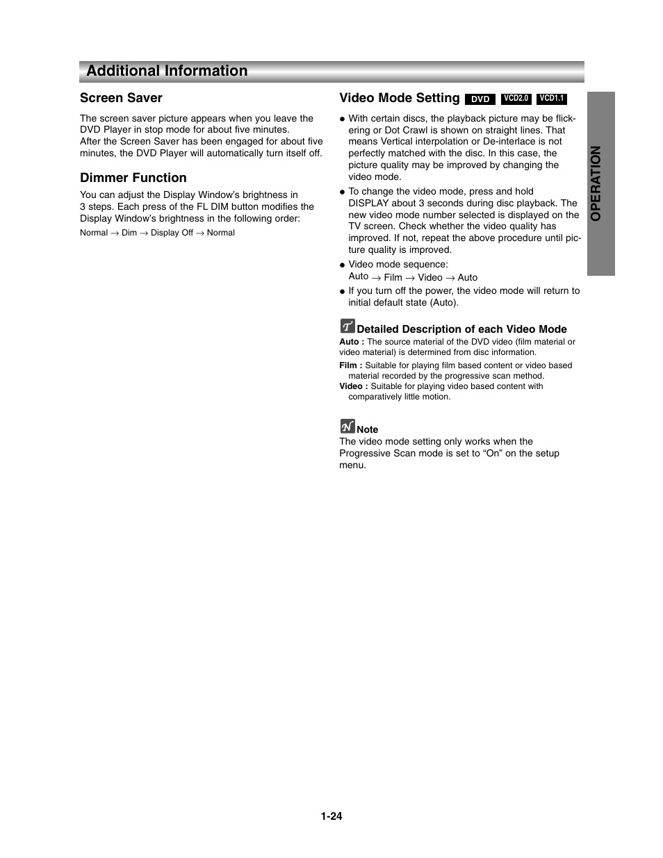 Additional information, Opera tion, Screen saver | Dimmer function, Video mode setting | Toshiba SD-3900 User Manual | Page 23 / 32
