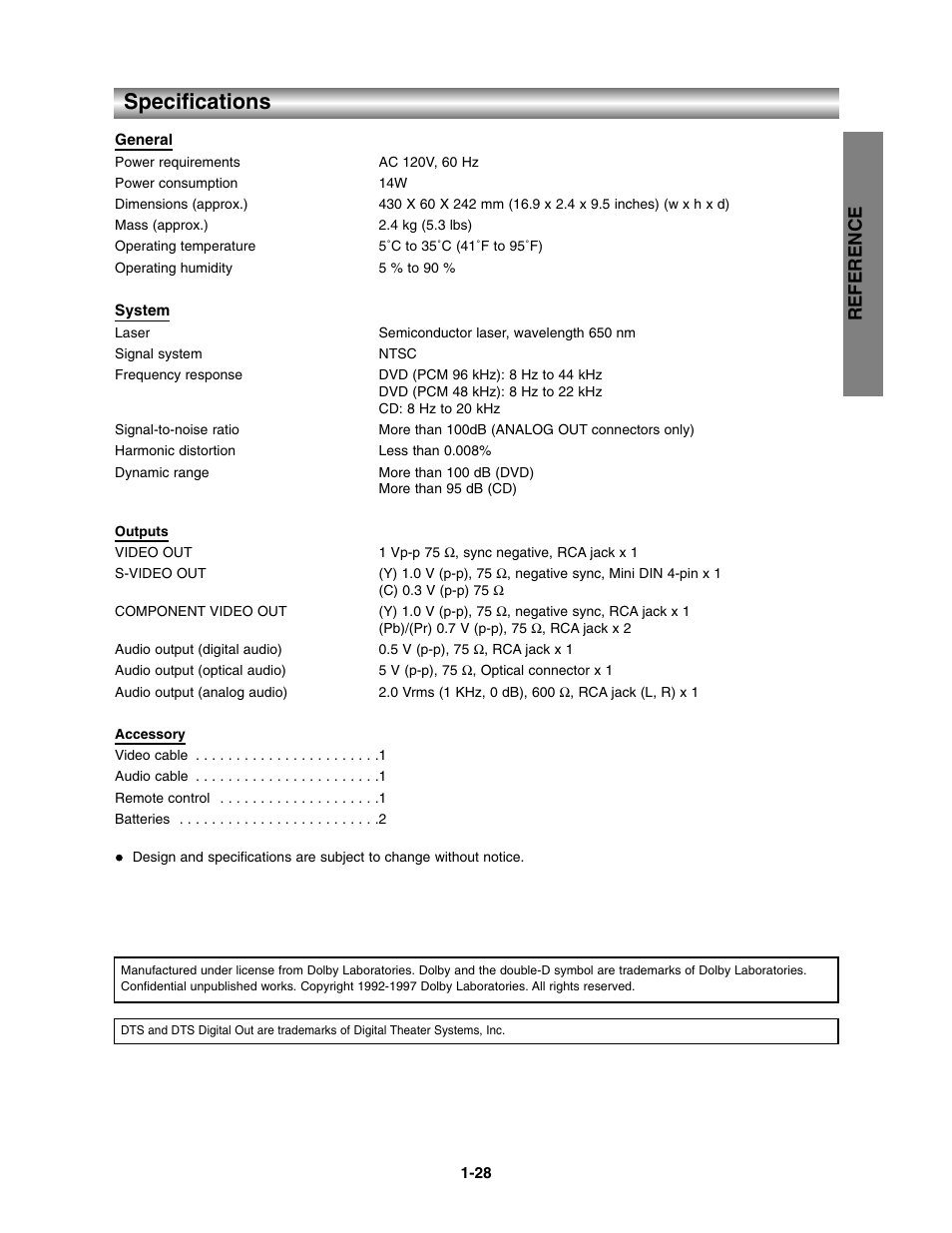 Specifications, Reference | Toshiba SD-3900 User Manual | Page 27 / 32