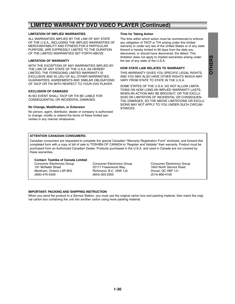 Limited warranty dvd video player (continued), Others | Toshiba SD-3900 User Manual | Page 29 / 32