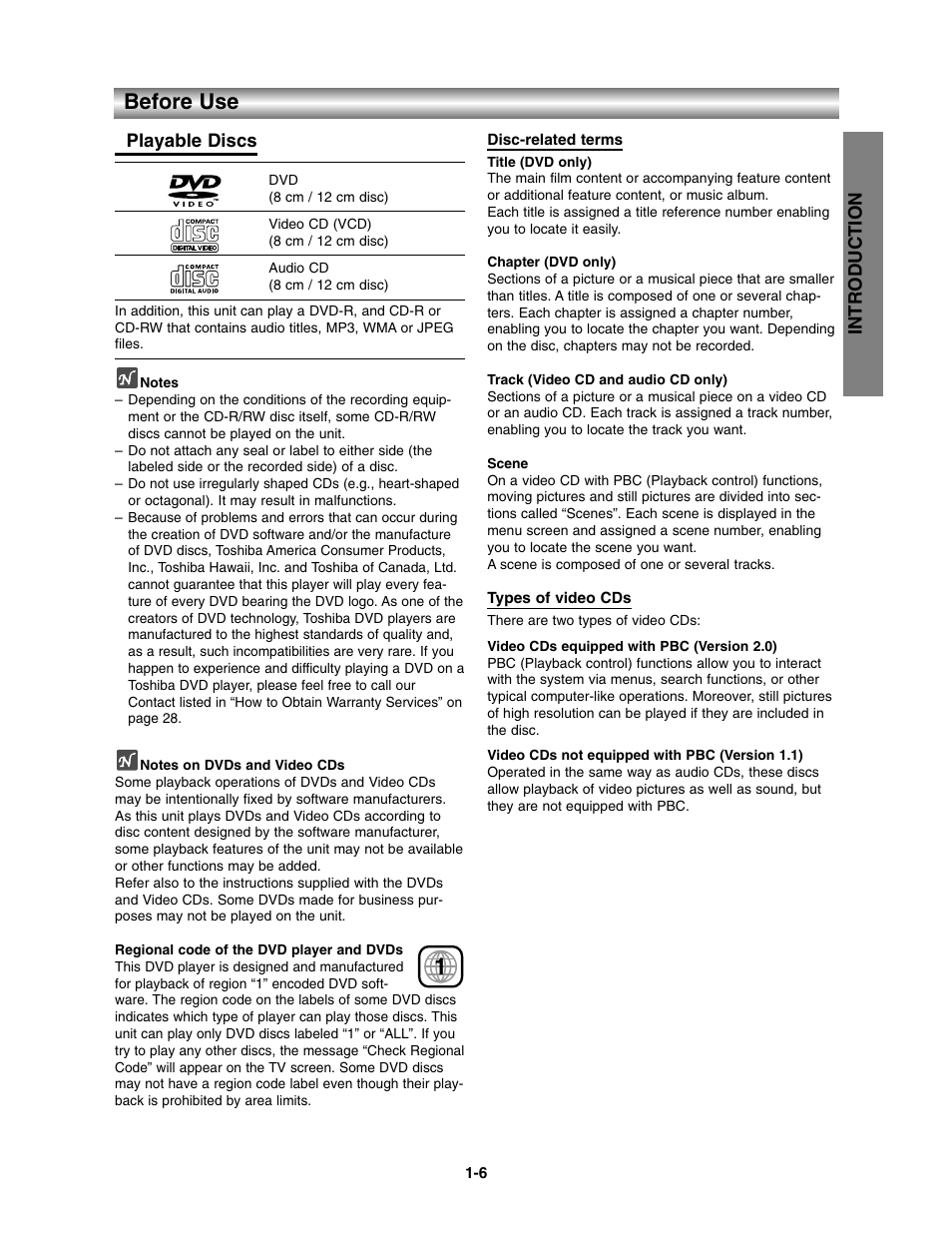 Introduction, Before use, Playable discs | Toshiba SD-3900 User Manual | Page 5 / 32