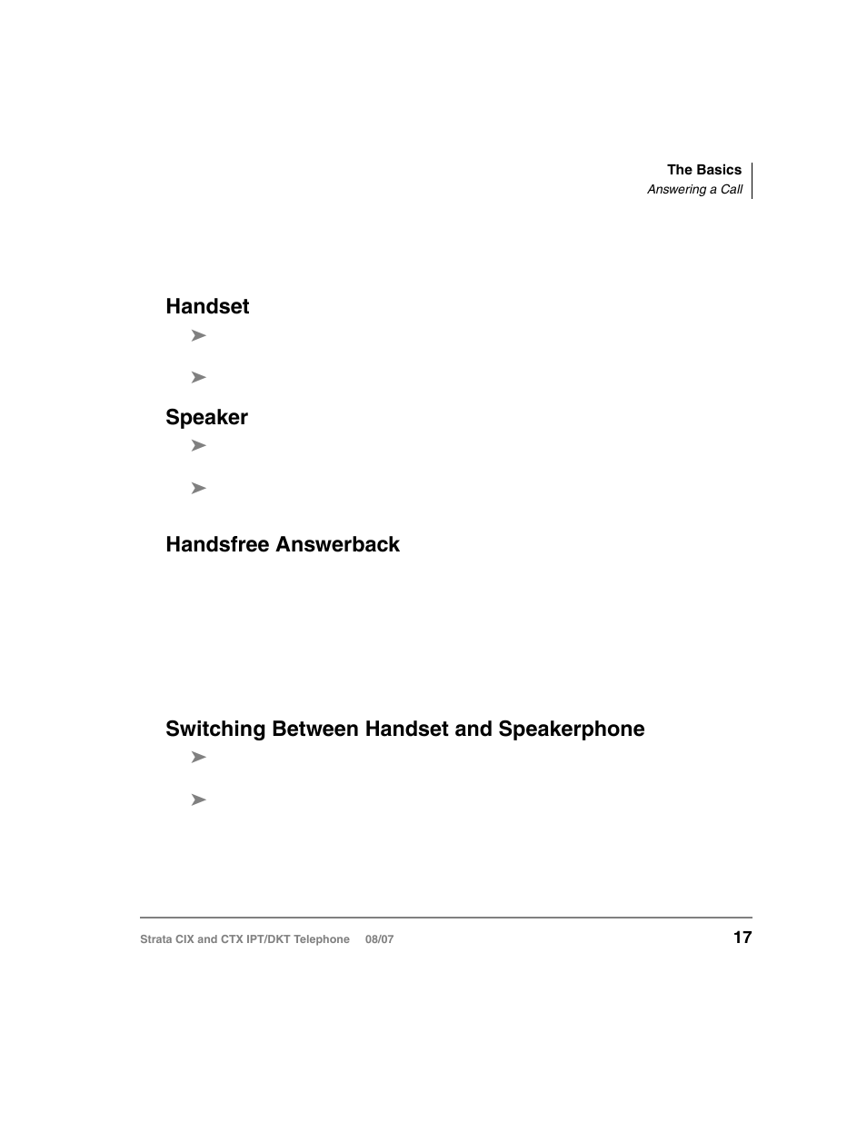 Answering a call, Handset, Speaker | Handsfree answerback, Switching between handset and speakerphone | Toshiba CTX IPT/DKT User Manual | Page 35 / 171