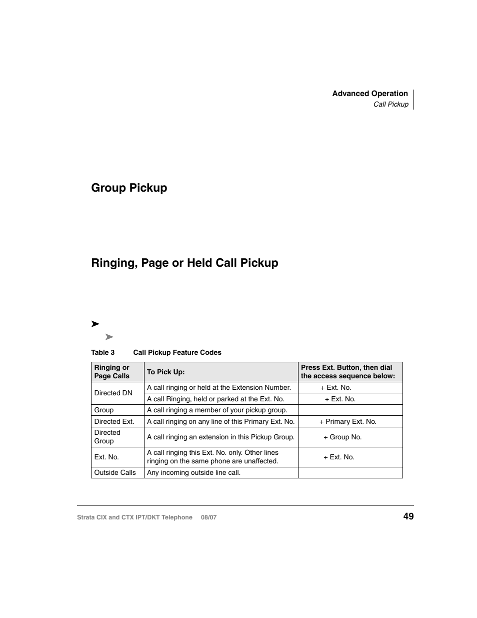 Call pickup, Group pickup, Ringing, page or held call pickup | Toshiba CTX IPT/DKT User Manual | Page 67 / 171