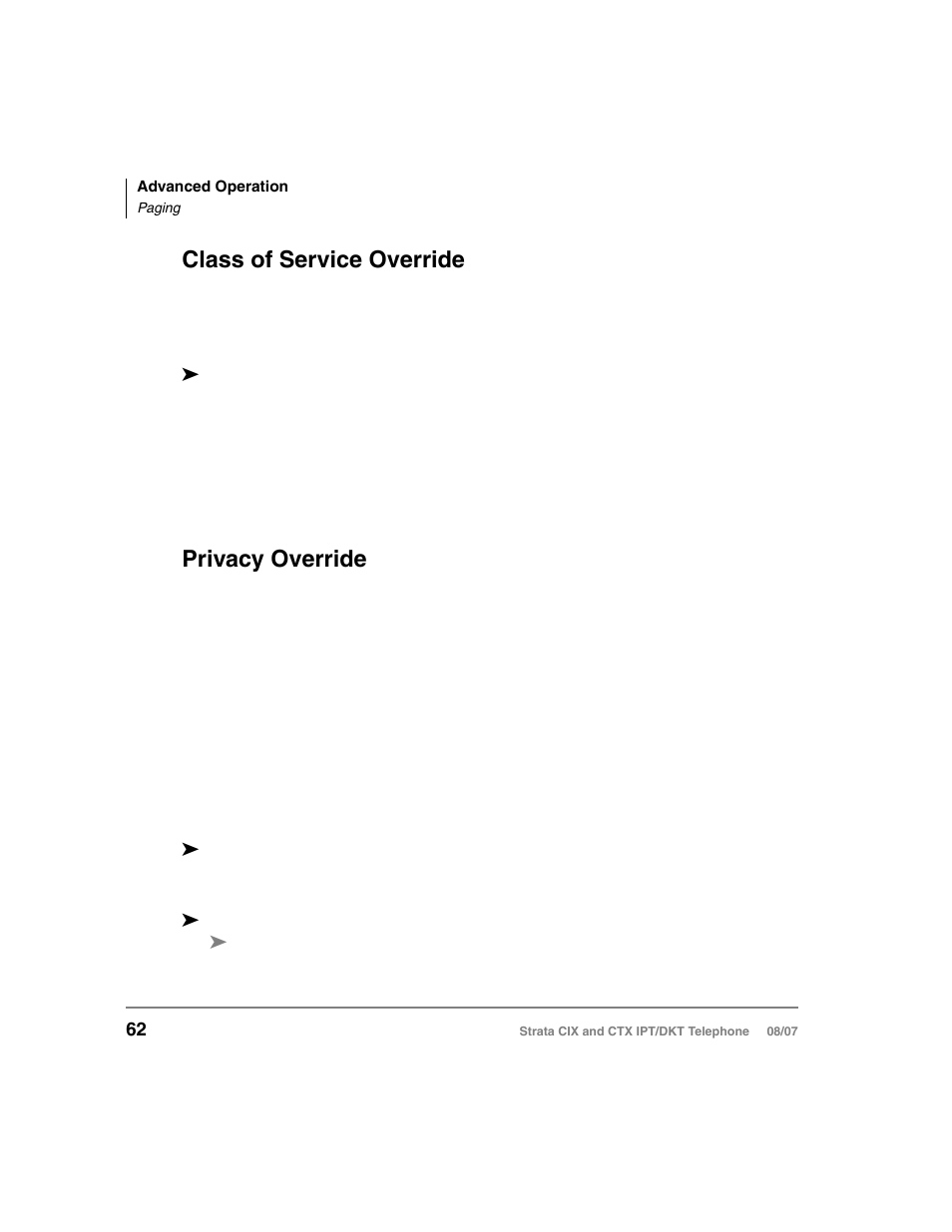 Class of service override, Privacy override, Paging | Class of service override privacy override | Toshiba CTX IPT/DKT User Manual | Page 80 / 171