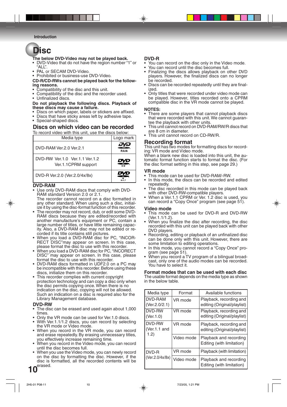 10 disc, Recording format, Discs on which video can be recorded | Toshiba D-VR4XSU User Manual | Page 10 / 92