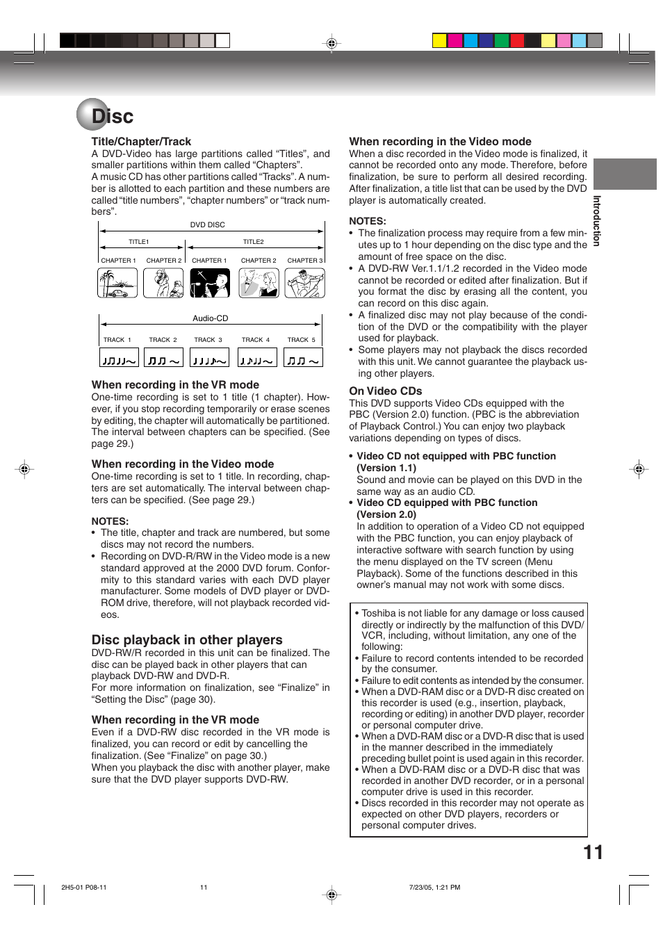11 disc, Disc playback in other players | Toshiba D-VR4XSU User Manual | Page 11 / 92