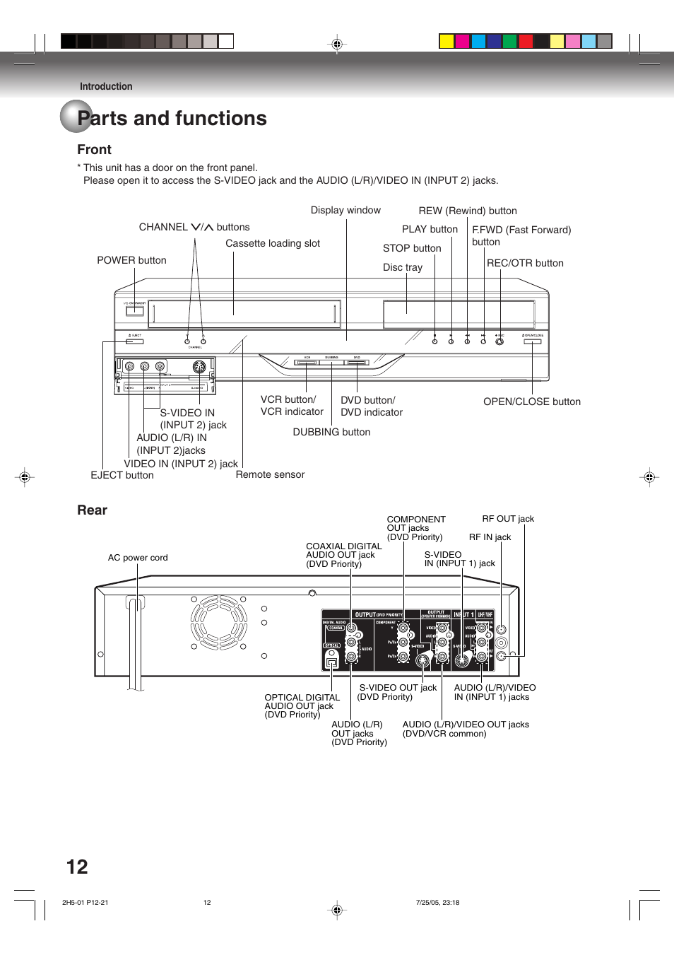 12 parts and functions, Rear front | Toshiba D-VR4XSU User Manual | Page 12 / 92