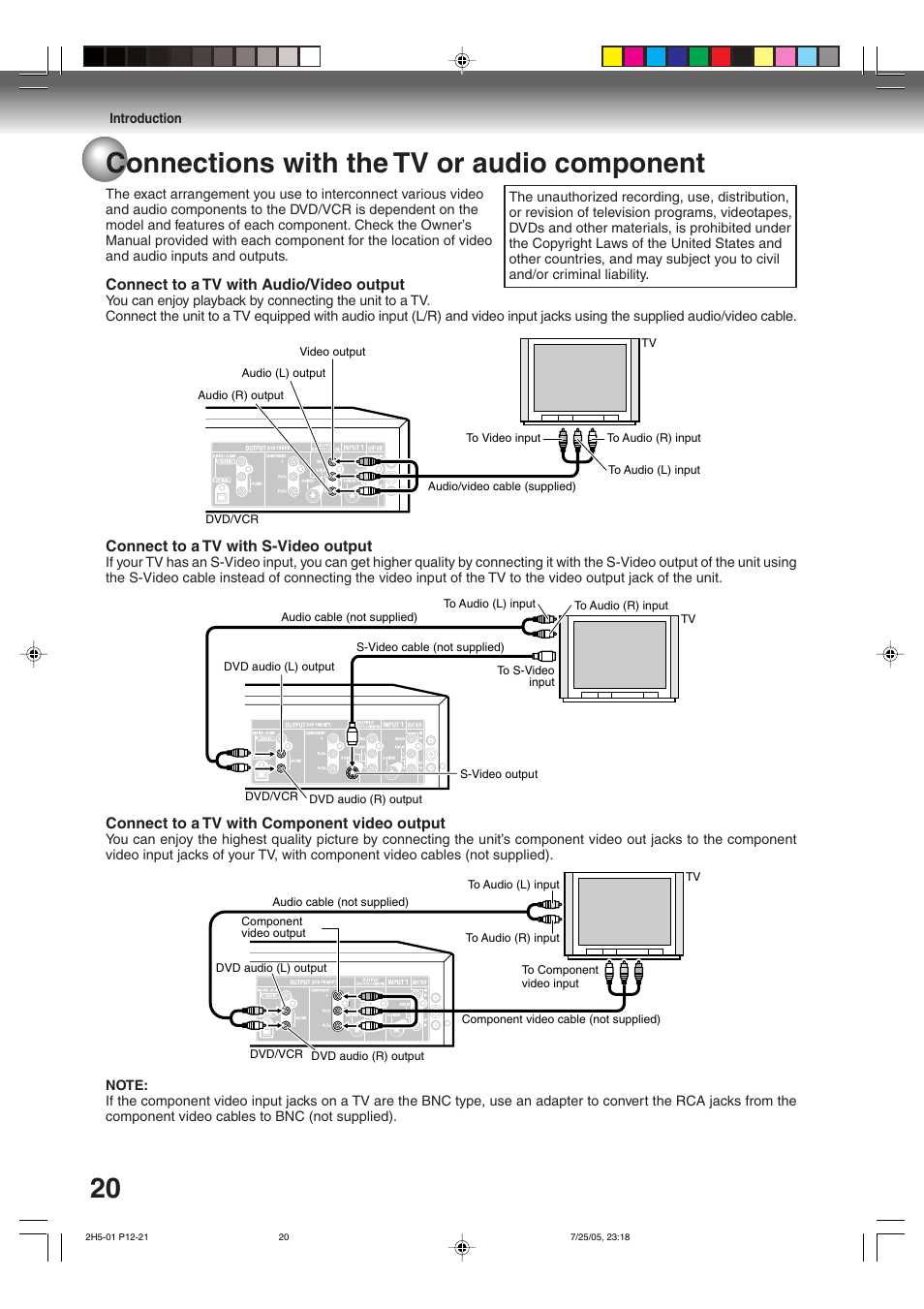 20 connections with the tv or audio component | Toshiba D-VR4XSU User Manual | Page 20 / 92