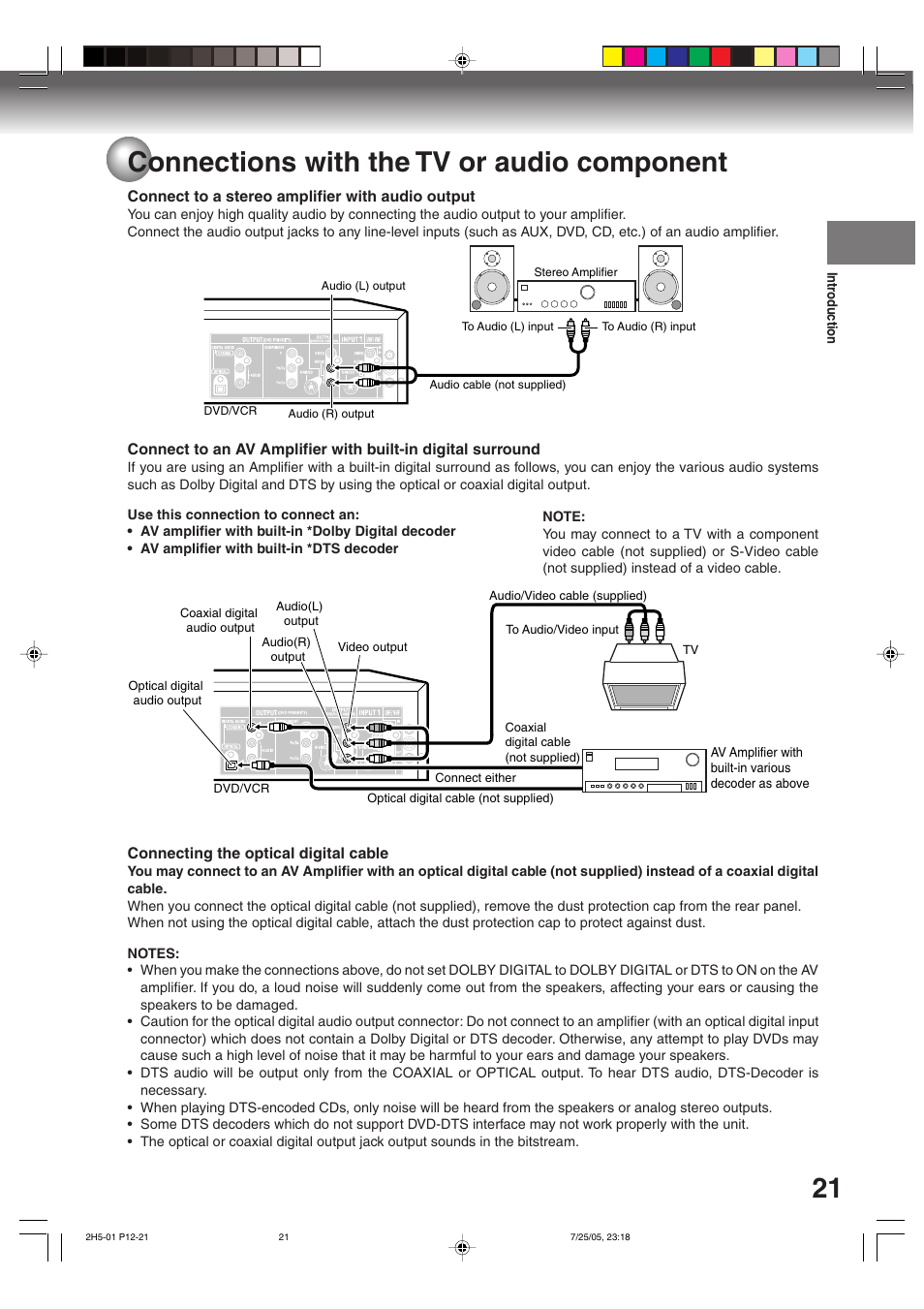 21 connections with the tv or audio component | Toshiba D-VR4XSU User Manual | Page 21 / 92